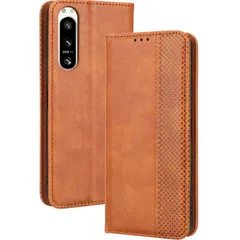 Xperia 5 IV ケース 手帳 SO-54C SOG09 A204SO エクスペリア5 マーク4  チェック柄 合革 レトロ 手帳 ケース 【Color】 キャメル