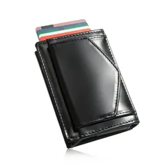 【色: Black】三つ折り札入れ 本革の スライド式 ちいさいふ カードケース