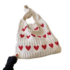 [Sunny Glow] ニットバッグ トートバッグ ニットトートバッグ 編みバッグ ショルダー 編み込み ハート 可愛い 韓国 大容量 軽量 A4サイズ(アイボリー) 