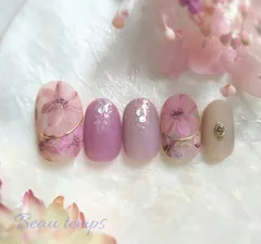 秋桜ネイル  秋 ピンク 紫 フラワー  花
