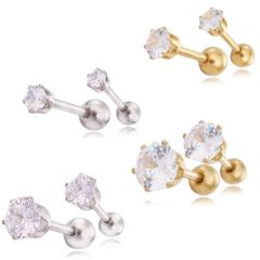 【シルバー3・5mm/ゴールド4・6ｍｍ 4ペアセット】[Adelina Style] ピアス レディース 人気 1粒 6爪 キュービックジルコニア スタッドピアス サージカルステンレス つけっぱなし イヤリング 金属アレルギー対応 両耳