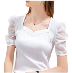 [Coup de Coeur！] [クープ・ド・クール] シアースリーブ リブ ニット トップス 半袖 きれいめ フィット 伸縮 タイト かわいい tシャツ ボディライン 細目 カジュアル シンプル (JP, アルファベット, L, ホワ [ホワイト] [L]