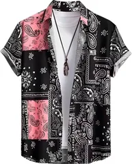 aspersio アスペルシオ ペイズリー 花柄 襟付き 半袖 シャツ 大人 カッコイイ レトロ ショートスリーブ メンズ 爽やか 前ボタン トップス オシャレ ミリタリー アメカジ 涼しい 柔らかい ストリート(ペイズリーブラック,  L)