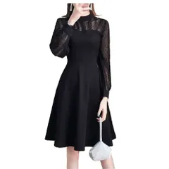 『数量限定』ワンピース レディースロング長袖ドレス ドットフロッキープリント クルーネック [Collecala] 肩透けセクシーワンピース 膝丈 Aライン 結婚式パーティードレス 通勤 二次会 結婚式