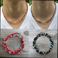 【2set】40cm ネイティブカラー ビーズネックレスRed&Black
