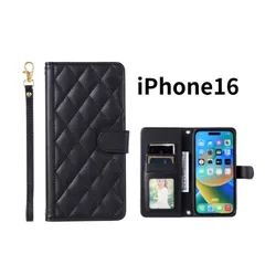 iPhone16 キルティング 手帳型 ケース ブラック レザー ストラップ