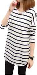 G-tiamo ボーダー ロング シャツ レディース ストライプ ラウンド ネック 長袖 丈 カットソー トップス しましま( 白,  XL)