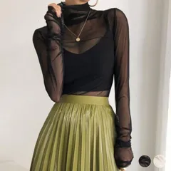 インナー シースルー レディース レース チュール 韓国 メッシュ ハイネック 長袖 トップス シースルーインナー シンプル ギャザー ホワイト 白 ブラック 黒