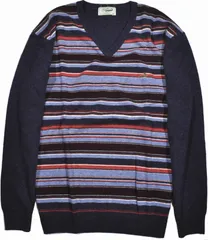 クロコダイルセーター V首 毛混 長袖　胸ボーダー　 Crocodile   LLサイズ　  2紺