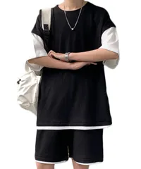 [Elixio] [エリクシオ] メンズ スウェット Tシャツ ハーフパンツ セットアップ 上下 無地 シンプル 大きいサイズ 涼しい ゆったり ジャージ 上下セット 部屋着 短パン スポーツウェア (L, ブラック) [ブラック] [L]