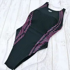 SE3-A15☆arenaアリーナ競泳水着 L 黒ピンク* 斜めボーダー オープンバック ぴたぴた レディース 練習用水着 フィットネスジムプール ワンピース■