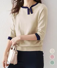 レディース 7分袖首リボンニットセーター