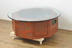 ★事前問合せ必須★ 火鉢テーブル 彫刻家 山根八春 やまねやつはる はっしゅん 八角 七宝繋 センターテーブル、ローテーブル リビングテーブル ガラステーブル ラウンドテーブル 木製火鉢 リペア+発送まで3週間前後 R-062505