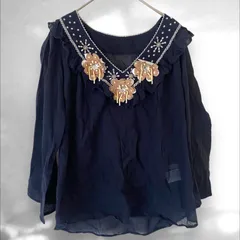 チェスティ Ｖネック ブラウス 花デザイン ビーズ 刺繍 シフォン コットン100% シースルー フリル 袖フレア