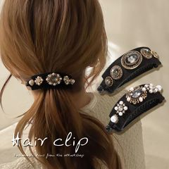バナナクリップ ビジュー パール アーチ型 2タイプ スエード調 バネ付き ヘアクリップ ヘアアクセサリー 髪留め 髪飾り まとめ髪 レディース 女性