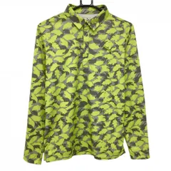 【美品】プーマ 長袖ポロシャツ ライトグリーン×グレー リーフ柄 カモフラ風 ロゴ刺しゅう メンズ L ゴルフウェア PUMA