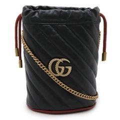 GUCCI グッチ GGマーモント ミニ バケットバッグ 巾着型 ショルダーバッグ チェーンバッグ レザー ブラック 黒 レッド 赤 573817