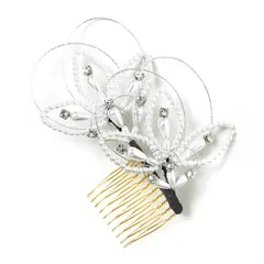 髪飾り コーム型 水引 ラインストーン パール シルバー 白 キラキラ リーフ 葉 丸 円 サークル 小さい かんざし かわいい 粋 No.9-3374