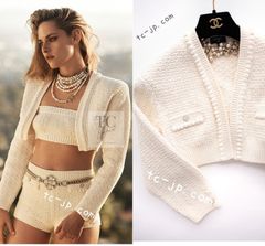 シャネル カーディガン CHANEL 超美品 アイボリー 生成 コットン サマー春夏 ニット ココマーク 雑誌表紙  34 36 未使用に近い クリステンスチュワート着