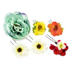 髪飾り 成人式 赤 振袖 前撮り 袴 花 6点セット エメラルドグリーン 白 黄色 オレンジ 椿 マーガレット ラインストーン 豪華 No.8-2168