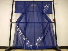 C◇着物くつろぎ 夏物 蔦模様 青 正絹 付下げ 薄物 絽 紗 着物 81