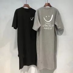 未使用 ロングワンピース 半袖 スマイル 笑い顔 レディース Tシャツワンピ クルーネック ワンピース 夏 ロング丈 マキシワンピース スリット入り カジュアル 体型カバー 着痩せ マタニティ ゆったり 肌触り 柔らかい 楽ちんjixi10