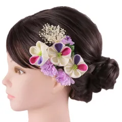 髪飾り 成人式 振袖 前撮り 袴 ちりめん つまみ細工 花 紫 ピンク 白 造花 カスミソウ レース ビーズ 小さい 2点セット 着物 No.9-5638
