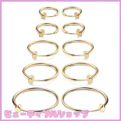 【特価】ALOHAMONI (アロハモニ) フェイクピアス イヤーカフ フープピアス イヤリング 両耳 5ペア 10個セット ゴールド シルバー ブラック フープ リング ノンホール レディース メンズ ユニセックス 挟むだけ 簡単 装着 (ゴールド)