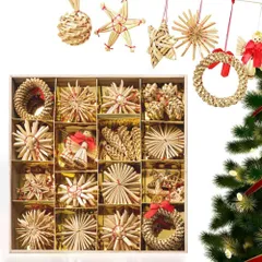 【特価セール】クリスマスツリー オーナメント 56点セット クリスマス飾り 麦わら細工 ストロー わら 雪花 てるてるぼうず 花輪 紐付き 装飾品 クリスマスプレゼント 木箱入れ