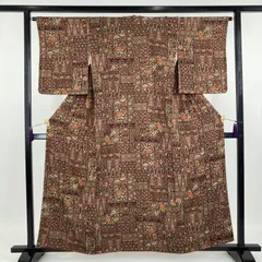 たんす屋 TANSU-YA 中古 リユース着物 小紋 焦げ茶色 カジュアル ちりめん 染め 干割れ 四季花 オリエンタル 袷 未洗い 【身丈】152cm【裄丈】65cm MS3187