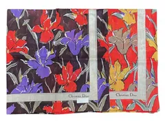 未使用 クリスチャンディオール ハンカチ 2枚セット　スカーフ 花柄 ブラウン　レッド　パープル　紫　赤　茶色 フラワー Christian Dior 綿　100％　コットン　ディオール