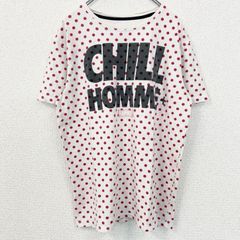 古着 used　半袖ロゴプリントクルーネックTシャツ　ドット柄　水玉模様　CHILL HOMME　白　赤　レトロデザイン