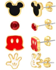 Disney Mickey and Minnie Mouse Fashion Stud Earring - Classic Mickey Black/Red/Gold - Set of 4 pairs 