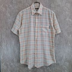 VALENTINO JEANS ヴァレンティノ イタリア製 薄手 チェック 柄 胸ポケット ラウンドカット アイボリー オレンジ ブルー 青 L シャツ