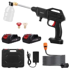 自吸式 吐出圧力2.4Mpa 2個大容量バッテリー付き 小型 軽量 洗車ガン ポータブル 洗車機 充電式ハンディウォッシャー 充電式高圧洗浄機 家庭用/洗車/庭/階段/外壁/ベランダ/お風呂/年末大掃除 コードレス 日本語取扱書 高圧洗浄機 1.5AHセット