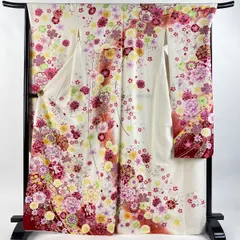 振袖 身丈168.5cm 裄丈68cm L 袷 牡丹 菊 銀通し 刺繍 クリーム 正絹 逸品 【中古】