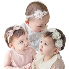 DFsucces ヘアバンド ベビー ゴ ヘアアクセサリー 髪飾り レースバンド ヘッドドレス 女の子 新生児 出産祝い 誕生日 記念撮影 お祝い 結婚式 3点セット (ホワイト＋ピンク)