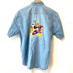 80s 90s ヴィンテージ！(^w^)b THE DISNEY STORE ディズニーストア 香港製 ボタンダウン デニム シャツ 半袖 綿100% ミッキー ミニー ドナルド プルート グーフィー プリント インディゴブルー メンズ 男性 サイズL