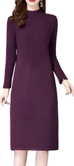 newNE ニューネニットワンピース レディース ケーブル編み ミディ丈 無地 シンプル エレガント 通勤 秋 冬 大きいサイズ ゆったり 長袖 ハイネック 体型カバー 厚手 タートルネック リブニット 4A-W18-PUL(パープル,  L)