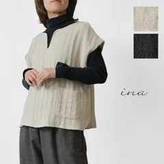 ＊【新品】【ina イナ】リネンウール へリンボーン アウトポケット付き プルオーバー ベスト (245126)レディース 秋 冬 春 麻 フレンチスリーブ ゆったり ワイド ナチュラル シンプル おしゃれ レイヤード 重ね着 日本製 30代 40代 50代