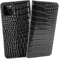 ReZuell クロコダイル x 牛革 iPhone14 Pro apple . 手帳型 レザー ケース 14pro(ブラック,  iphone 14pro)