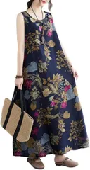 blue beryl ワンピース レディース ロング ボタニカルプリント Aライン ノースリーブ リゾート リラックス 大人カジュアル 細身見え すてき 高見え 柄 お洒落 ヘルシー シルエット 裏地なし BB041(ネイビー,  2XL)