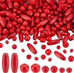 PH PandaHall 480個 幸運 ウッドビーズ 天然木製ビーズ 赤い木 ラウンド ペンダントビーズ 管状 楕円形 スペーサービーズ 管状ビーズ 収納ボックス付き 鉛フリー 無毒 手芸パーツ 祝福 レース装飾 手作りネックレス 材料(赤)