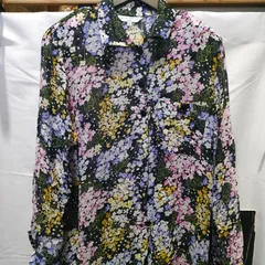18【美品】gris perle シルク 100% パープル 花柄 シャツ ワンピース あじさい シースルー 羽織 アンサンブル ブラウス ロング コート 薄手 ブラック 黒 長袖