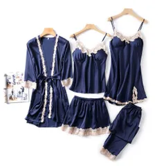 ☆ ネイビー ☆ Lサイズ ☆ パジャマ五点セット lypaj1 ルームウェア レディース セット 5点 5点セット ネグリジェ ナイトウェア サテン 上下セット ガウン キャミソール ショートパンツ パンツ ワンピース カップ付き おしゃれ お洒落