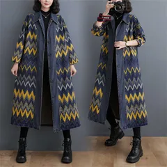 デニム コート レディース スプリングコート デニムコート ロング アウター ジャケット 折り襟 羽織り 長袖 ロングコート 新作 春 秋 前開き きれいめ ゆったり プリント 体型カバー 着痩せ レトロxiaokb142