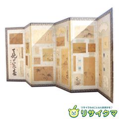 F▽屏風 扇面 まくり 貼り付け 色紙 和歌 掛け軸 六曲一隻 (30678 