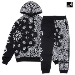 LAVISH SOCIETY TRUST NO ONE SET UP【BLACK】(メンズ 大きいサイズ セットアップ 上下セット スウェット プルオーバー フーディー パーカー スウェットパンツ ペイズリー バンダナ ストリート HIPHOP ヒップホップ)