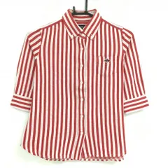 【超美品】パーリーゲイツ 五分袖シャツ レッド×白 ストライプ ボタンダウン  レディース 0(S) ゴルフウェア PEARLY GATES