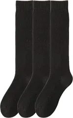 TsujiYa ツジヤ 足の冷えない不思議なウールソックス ハイソックス レディース 厚手 暖かい靴下 冬 ふくらはぎ靴下 ふわふわ 防寒 あったか靴下 ルームソックス 裏起毛 22～25cm(3足組 ブラック,  22.0-25.0 cm)